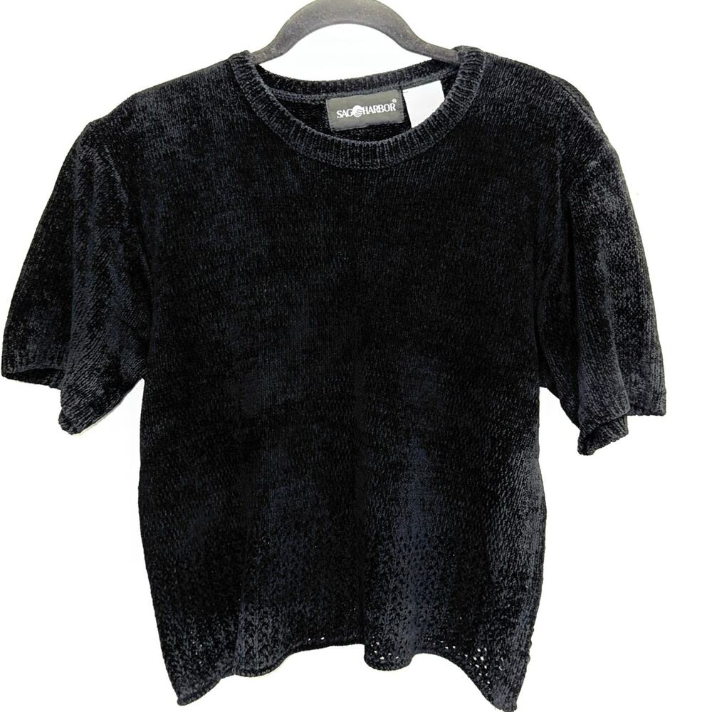 Sag Harbor Black Chenille Sweater Women’s Medium Vintage Short Sleeve